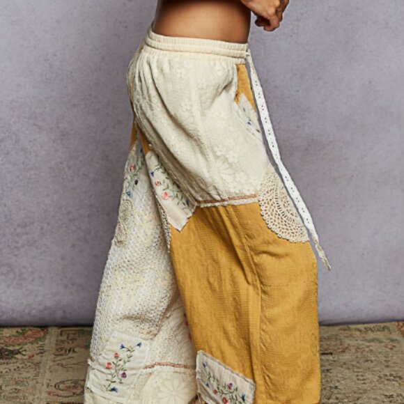 🔥🍫POL Vintage-Inspired Patchwork Cotton Pants – Boho Lace Honey Gold - Picture 8 of 16